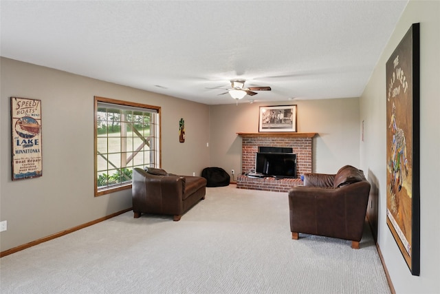 940 High Ave, Newton, IA 50208 - living area with light carpet, ceiling fan, and a brick fireplace