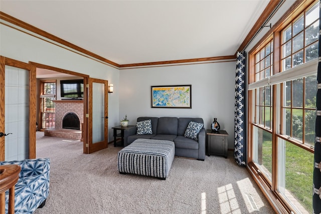940 High Ave, Newton, IA 50208 - living room with ornamental molding, carpet flooring, and a fireplace