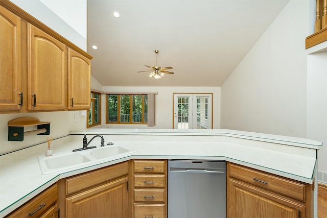 1560 Castlegar Ct, Pleasant Hill, IA 50327 - kitchen featuring dishwasher, vaulted ceiling, a ceiling fan, light countertops, and recessed lighting