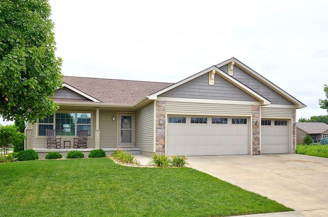 358 S 85th St, West Des Moines, IA 50266 - view of front of property featuring an attached garage, a porch, concrete driveway, a front yard, and a shingled roof