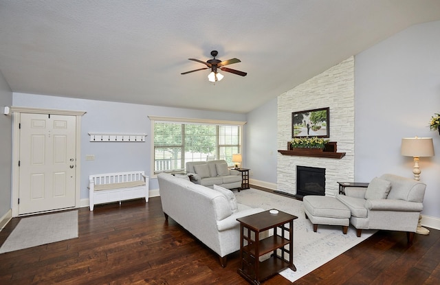 358 S 85th St, West Des Moines, IA 50266 - living area featuring a ceiling fan, wood-type flooring, a fireplace, and lofted ceiling