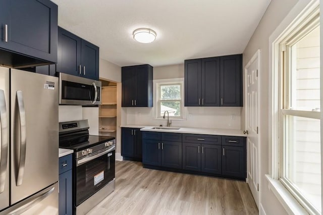 8 E Wall Ave, Des Moines, IA 50315 - kitchen with stainless steel appliances, light wood-style floors, light countertops, and blue cabinetry