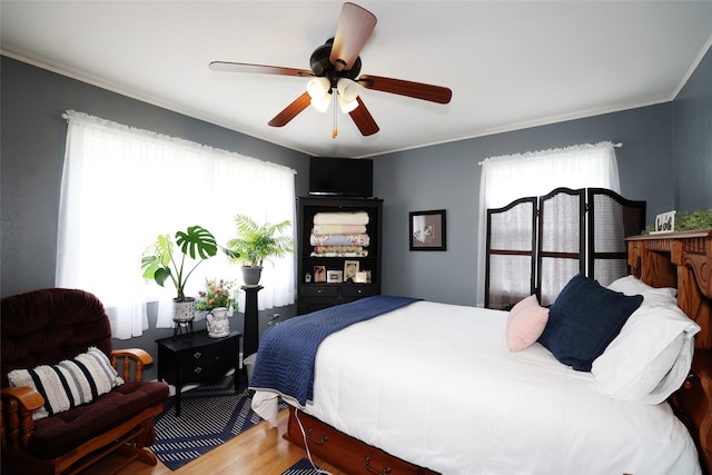 344 S 1st St, Ogden, IA 50212 - bedroom with multiple windows, wood finished floors, ornamental molding, and a ceiling fan