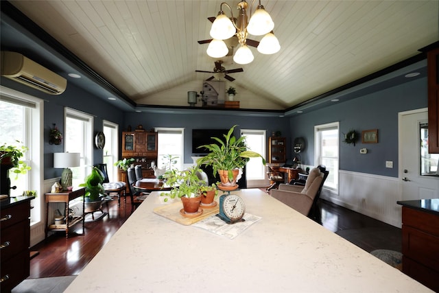 344 S 1st St, Ogden, IA 50212 - dining room featuring a wall unit AC, a wainscoted wall, vaulted ceiling, wood ceiling, and dark wood-type flooring
