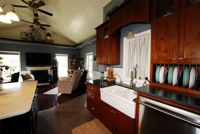 344 S 1st St, Ogden, IA 50212 - kitchen with dishwasher, lofted ceiling, wooden ceiling, open floor plan, and a fireplace