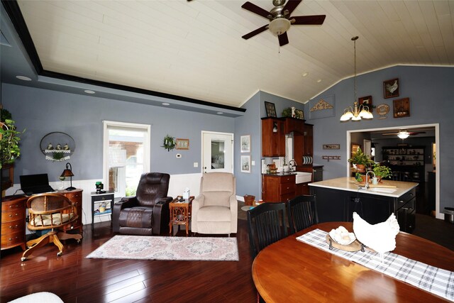 344 S 1st St, Ogden, IA 50212 - dining area with a ceiling fan, hardwood / wood-style flooring, lofted ceiling, an office area, and wooden ceiling