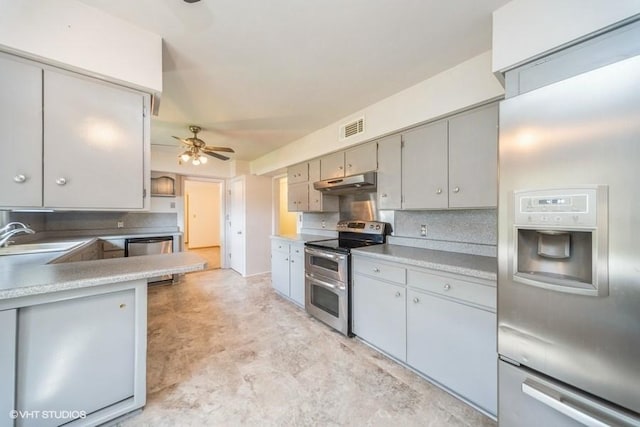 1805 Sycamore St, Granger, IA 50109 - kitchen featuring appliances with stainless steel finishes, under cabinet range hood, gray cabinetry, backsplash, and ceiling fan