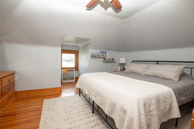 210 3rd St NE, Mitchellville, IA 50169 - bedroom with light wood finished floors, vaulted ceiling, and a ceiling fan