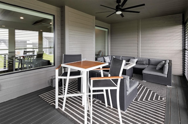 9138 Moonseed Ct, West Des Moines, IA 50266 - wooden deck featuring an outdoor hangout area and ceiling fan