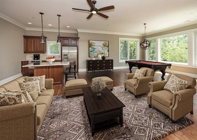 4701 150th St, Urbandale, IA 50323 - living room with billiards table, wood finished floors, a ceiling fan, recessed lighting, and ornamental molding