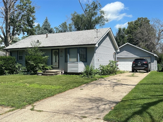 4118 E Garden Ave, Des Moines, IA 50317 - ranch-style home with a garage, a front yard, a shingled roof, and an outdoor structure
