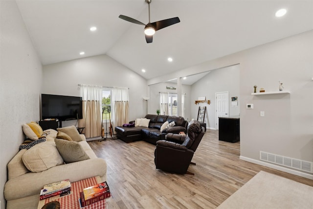 410 Sheridan St, Menlo, IA 50164 - living area featuring light wood-style floors, recessed lighting, a ceiling fan, and high vaulted ceiling