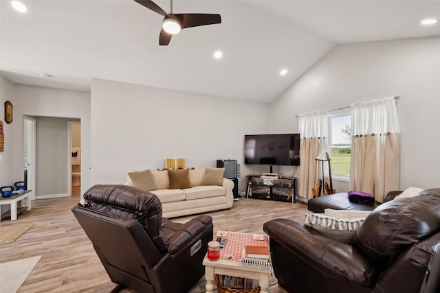 410 Sheridan St, Menlo, IA 50164 - living area featuring a ceiling fan, light wood-type flooring, recessed lighting, and high vaulted ceiling