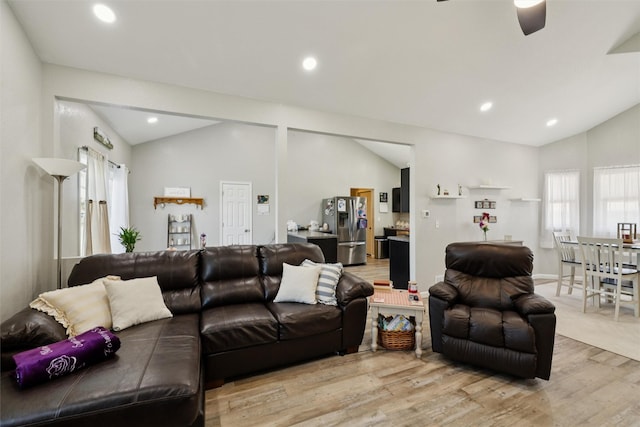 410 Sheridan St, Menlo, IA 50164 - living room featuring lofted ceiling, light wood-style flooring, ceiling fan, and recessed lighting