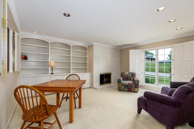 7819 Luin Ln, Windsor Heights, IA 50324 - living room with ornamental molding, recessed lighting, a brick fireplace, light colored carpet, and built in shelves