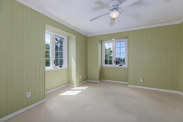 7819 Luin Ln, Windsor Heights, IA 50324 - carpeted spare room with ceiling fan, crown molding, and wood walls