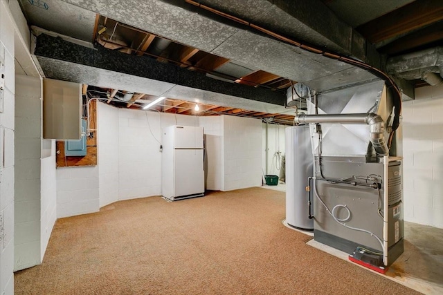 7819 Luin Ln, Windsor Heights, IA 50324 - unfinished basement featuring freestanding refrigerator, water heater, heating unit, electric panel, and carpet flooring