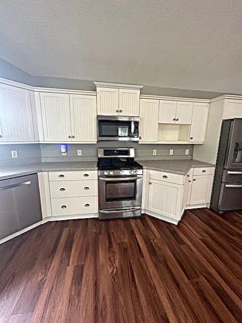 426 N 1st St, Ogden, IA 50212 - kitchen with stainless steel appliances, dark wood-style flooring, and white cabinetry