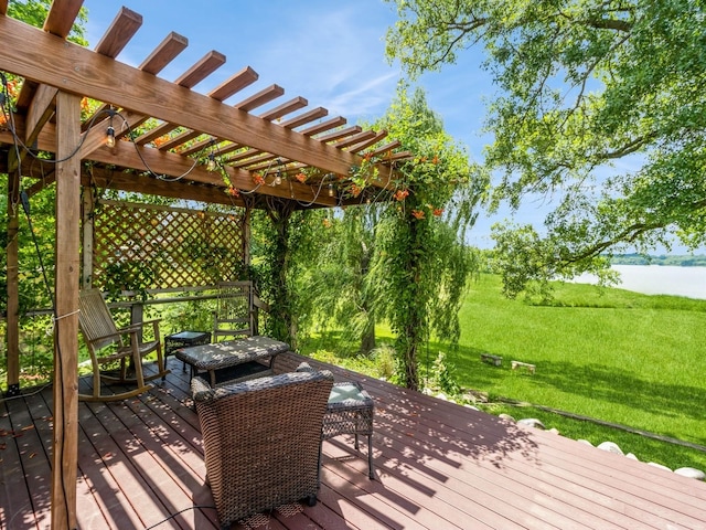 470 Juniper Ave, Kellogg, IA 50135 - wooden terrace featuring a pergola, a water view, and a yard