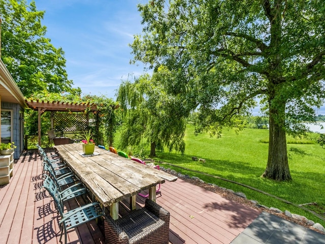 470 Juniper Ave, Kellogg, IA 50135 - wooden deck featuring a pergola, a lawn, and outdoor dining area
