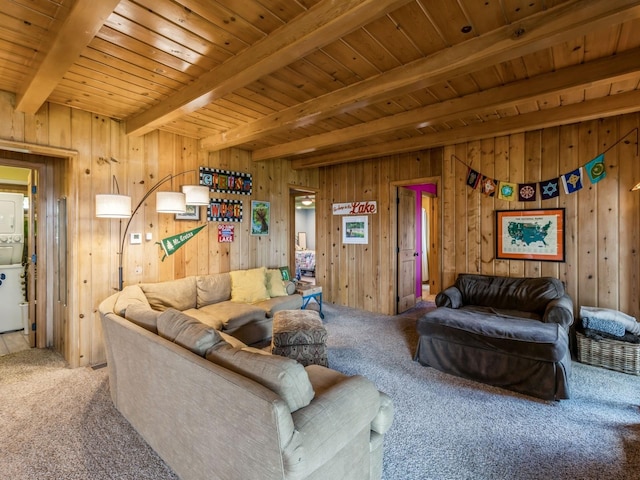 470 Juniper Ave, Kellogg, IA 50135 - living area featuring carpet flooring, a wooden ceiling with exposed beams, and wooden walls