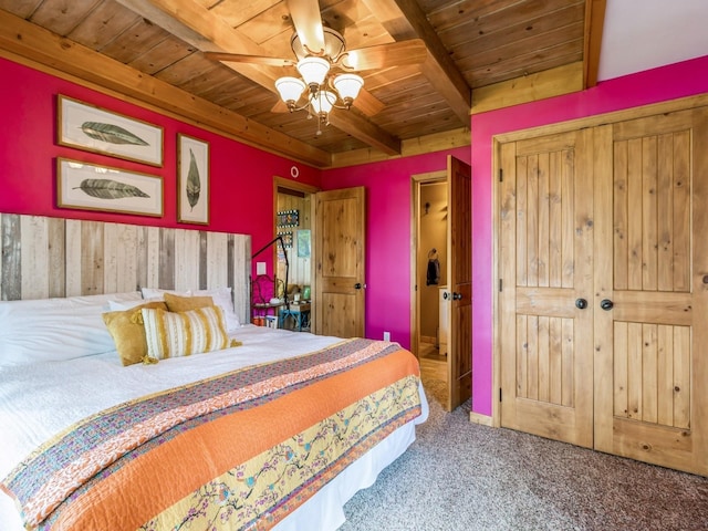 470 Juniper Ave, Kellogg, IA 50135 - bedroom featuring a wood ceiling with exposed beams, carpet flooring, a closet, and a ceiling fan