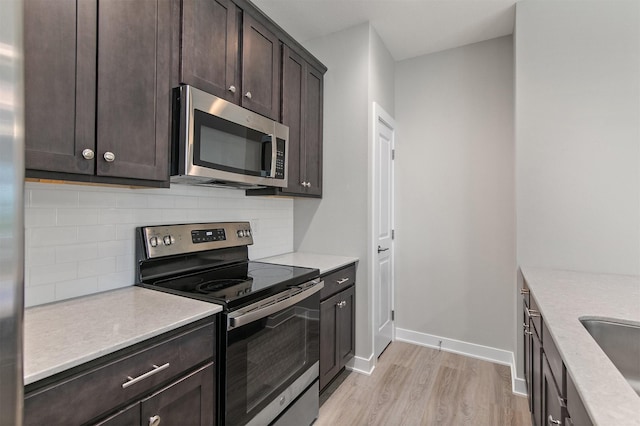 15321 Goldenrod Dr, Urbandale, IA 50323 - kitchen featuring appliances with stainless steel finishes, light wood-style flooring, decorative backsplash, and dark brown cabinets