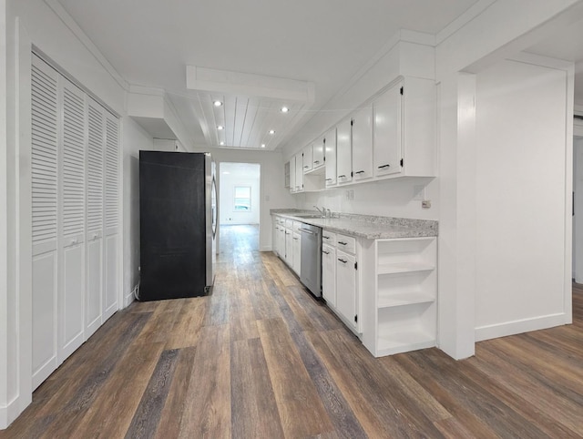 1410 Thomas St, Redfield, IA 50233 - kitchen featuring appliances with stainless steel finishes, dark wood-type flooring, open shelves, white cabinetry, and recessed lighting