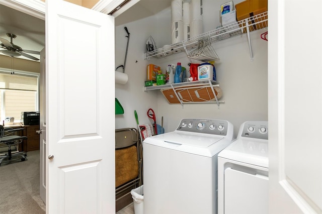1592 SE Blackthorne Dr, Waukee, IA 50263 - washroom featuring separate washer and dryer, ceiling fan, and light carpet