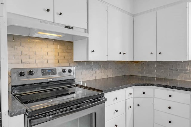 3017 Lincoln Way, Ames, IA 50014 - kitchen with stainless steel electric range, white cabinets, backsplash, and under cabinet range hood