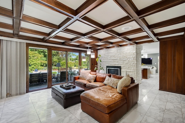 4130 Beaver Ave, Des Moines, IA 50310 - living room with light marble finish flooring, a fireplace, beamed ceiling, and coffered ceiling