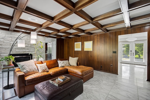 4130 Beaver Ave, Des Moines, IA 50310 - living area featuring french doors, a stone fireplace, light marble finish flooring, coffered ceiling, and beam ceiling