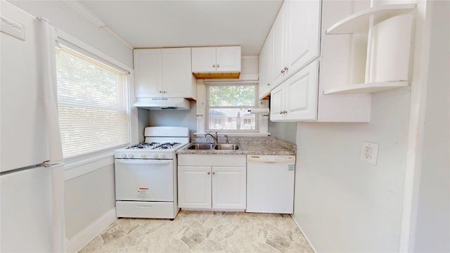 1725 Mondamin Ave, Des Moines, IA 50314 - kitchen with white appliances, under cabinet range hood, open shelves, white cabinetry, and light countertops