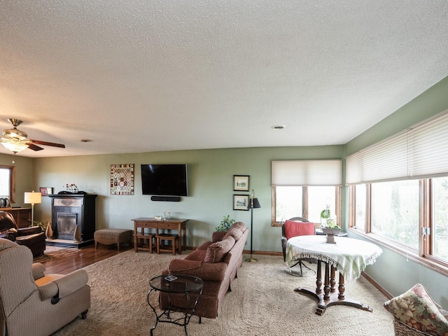 1246 N 75th Ave W, Newton, IA 50208 - living area featuring a textured ceiling, a glass covered fireplace, a ceiling fan, and carpet