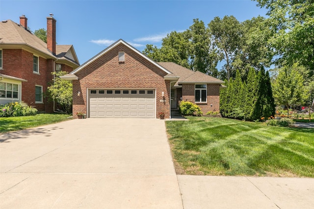 1412 Court St, Adel, IA 50003 - view of front of home with brick siding, a garage, concrete driveway, and a front lawn