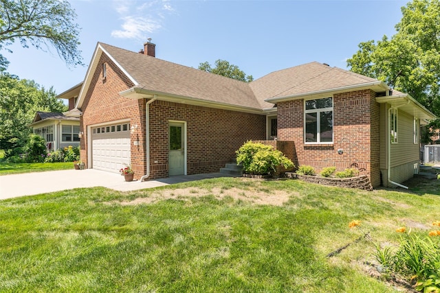 1412 Court St, Adel, IA 50003 - view of front facade with brick siding, a garage, roof with shingles, and a chimney