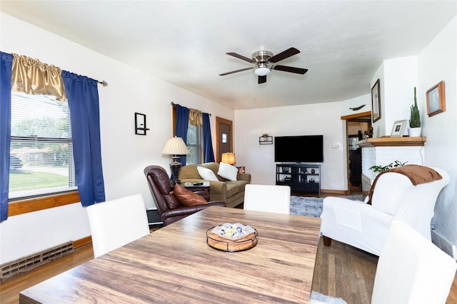 3851 E 25th St, Des Moines, IA 50317 - living room featuring ceiling fan, wood finished floors, and a baseboard radiator