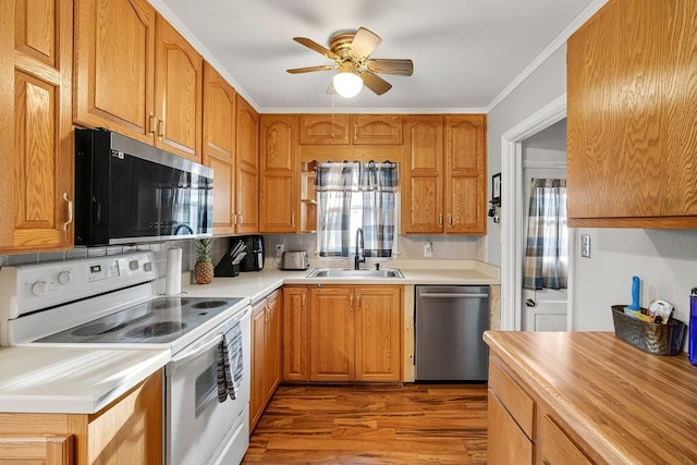 228 Hillside Ave, West Des Moines, IA 50265 - kitchen with white range with electric cooktop, dishwasher, wood finished floors, a ceiling fan, and backsplash