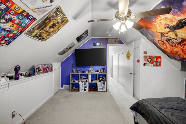 228 Hillside Ave, West Des Moines, IA 50265 - bedroom featuring vaulted ceiling, carpet flooring, and a ceiling fan