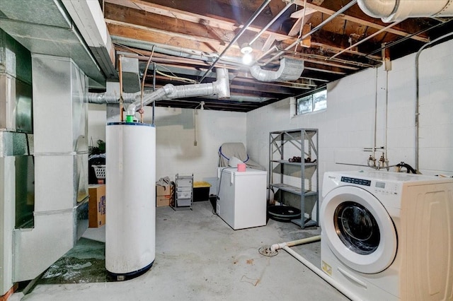 2721 E 16th St, Des Moines, IA 50316 - below grade area featuring water heater, washer and clothes dryer, and heating unit