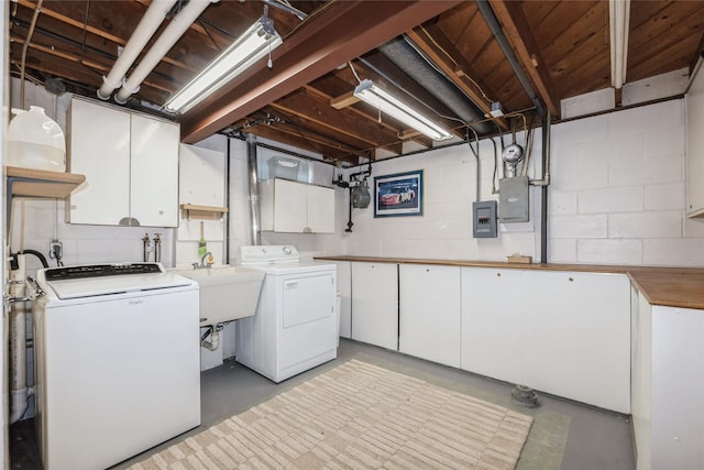804 24th St, West Des Moines, IA 50265 - laundry area featuring cabinet space, washing machine and dryer, electric panel, and concrete block wall
