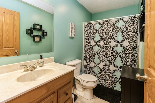 308 S 3rd St, Milo, IA 50166 - full bathroom featuring vanity, a textured ceiling, tile patterned floors, and a shower with curtain