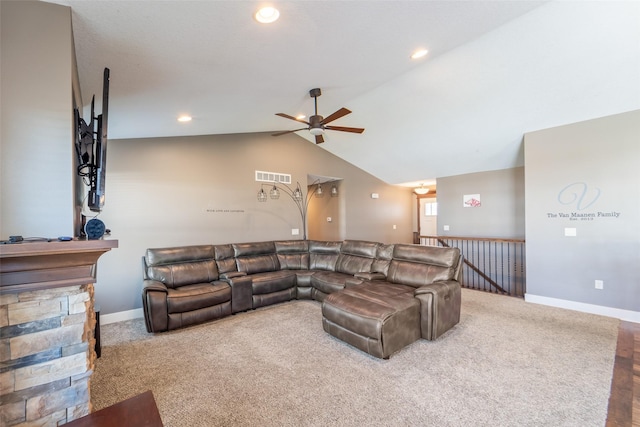 716 James St NE, Bondurant, IA 50035 - living room with ceiling fan, vaulted ceiling, carpet floors, and recessed lighting