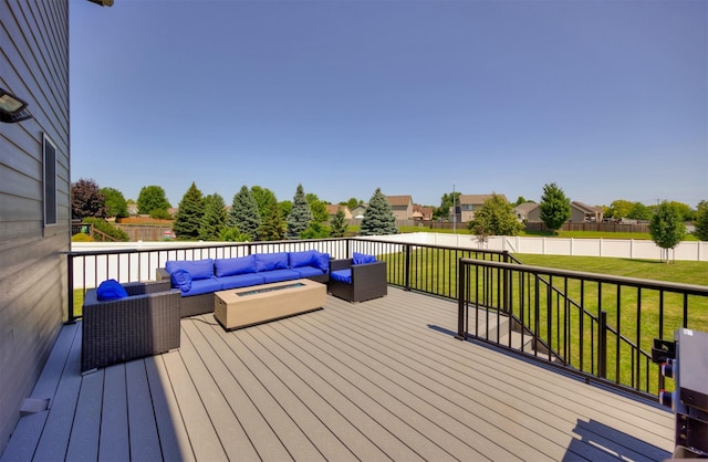 4104 SW 2nd St, Ankeny, IA 50023 - wooden terrace featuring an outdoor living space with a fire pit, a fenced backyard, and a residential view