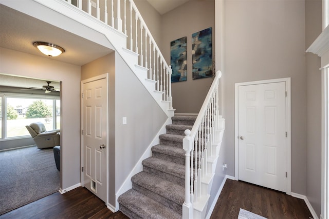 4104 SW 2nd St, Ankeny, IA 50023 - stairs featuring wood finished floors, a ceiling fan, and a towering ceiling