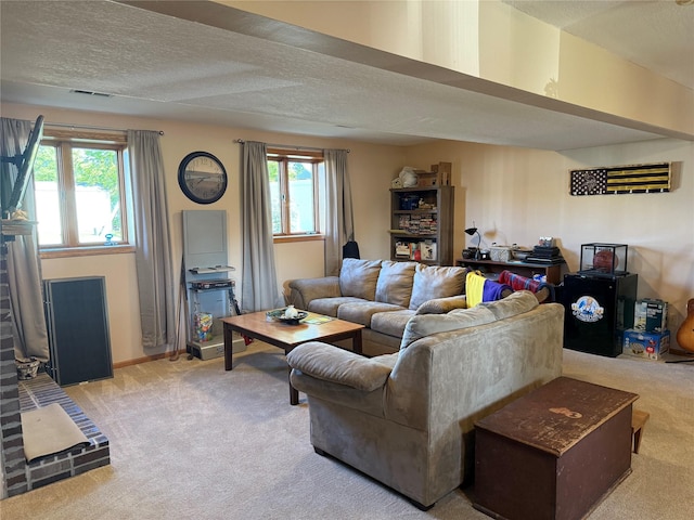 410 N 6th St, Winterset, IA 50273 - carpeted living room with a textured ceiling and plenty of natural light