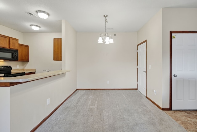 10320 Norfolk Dr Unit 7, Johnston, IA 50131 - kitchen with black appliances, brown cabinets, a chandelier, decorative light fixtures, and light countertops