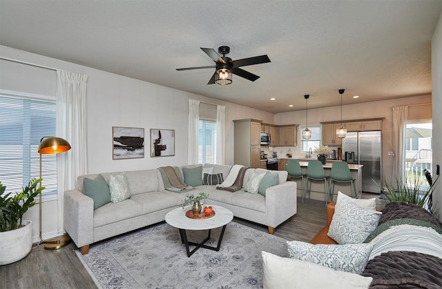 16621 Goodman Dr, Urbandale, IA 50323 - living area featuring dark wood-type flooring and a ceiling fan