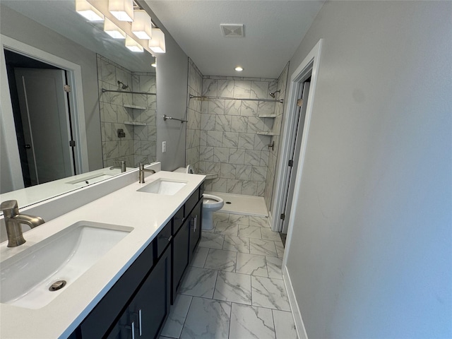 10009 Powell Ave, Johnston, IA 50131 - full bath featuring marble look tile flooring, double vanity, a shower stall, and recessed lighting