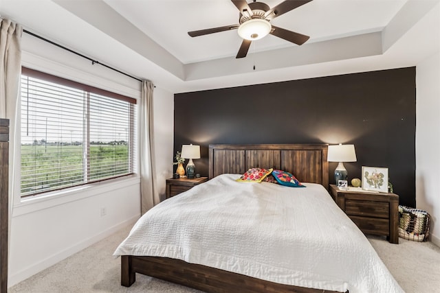 1819 8th Ave SE, Altoona, IA 50009 - carpeted bedroom featuring multiple windows, a tray ceiling, and a ceiling fan